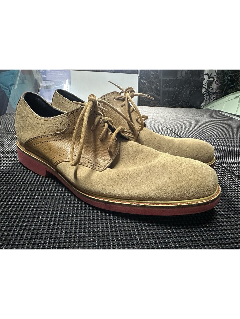 Cole Haan Mens Size 12 Suede Leather Oxford Dress Shoes Tan Red Sole